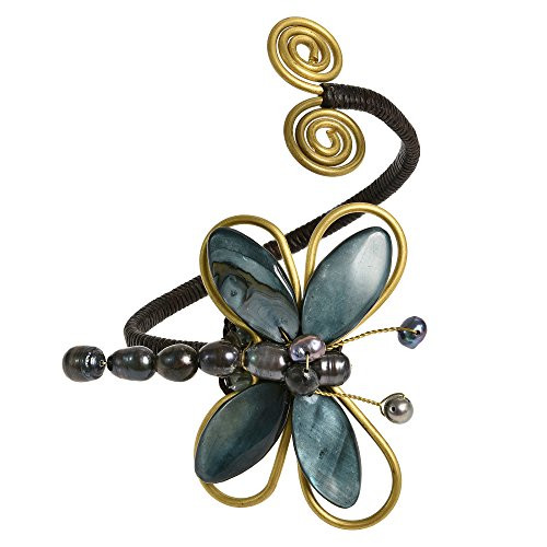 AeraVida Chic Organic Black Cultured Freshwater Pearl Mother of Pearl Dragonfly Handmade Cuff Bracelet AeraVida Chic Organic Black Cultured Freshwater Pearl Mother of Pearl Dragonfly Handmade Cuff Bracelet