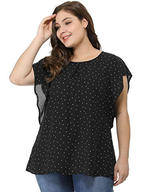 Agnes Orinda Women s Plus Size Ruffle Sleeve Polka Dots Floral Chiffon Blouse Work Tops Black 3X