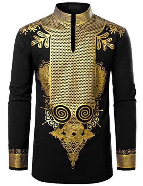 LucMatton Men s African Dashiki Luxury Metallic Gold Printed Mandarin Collar Shirt Black X Large LucMatton Men s African Dashiki Luxury Metallic Gold Printed Mandarin Collar Shirt Black X Large