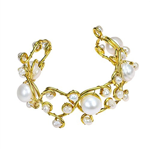 AeraVida Open Swirl White Cultured Freshwater Pearls Brass Bracelet Cuff AeraVida Open Swirl White Cultured Freshwater Pearls Brass Bracelet Cuff
