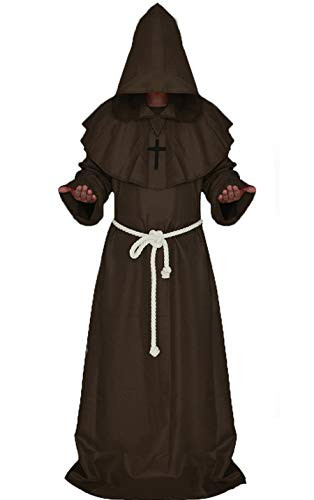 Medieval Monk Robe Renaissance Priest Cape Hooded Friar Cloak Costume Halloween  XXL  Brown