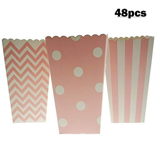 Pink Popcorn Boxes 48 Counts Cardboard Candy Container Rugby Stripe Wave Dot Pattern Deco Candy Party Supplies Birthday Party by BILIPALA