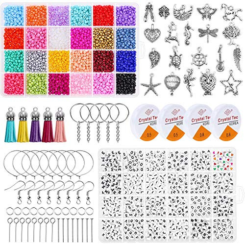 Glass Seed Beads Alphabet Letter Beads  Shynek 4 MM Small Pony Seed Beads and A Z Letter Beads for Jewelry Making  Beaded Bracelet Kit with Random Charms  Keyrings with Chains and Crystal String