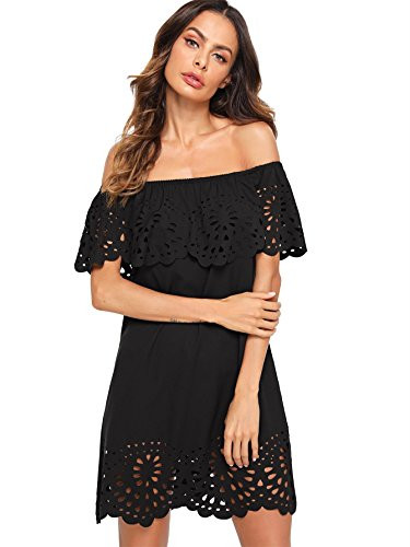 Floerns Women s Off Shoulder Ruffle Loose Tunic Shift Dress Black L
