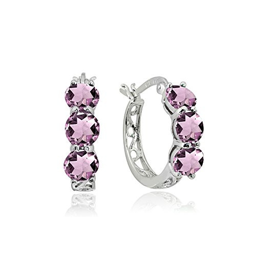 Sterling Silver Purple CZ Round Filigree Three Stone Hoop Earrings