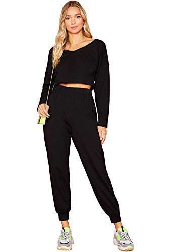SweatyRocks Women s 2 Pieces Outfits Long Sleeve Crop Top and Sweatpants Jogger Set Black S