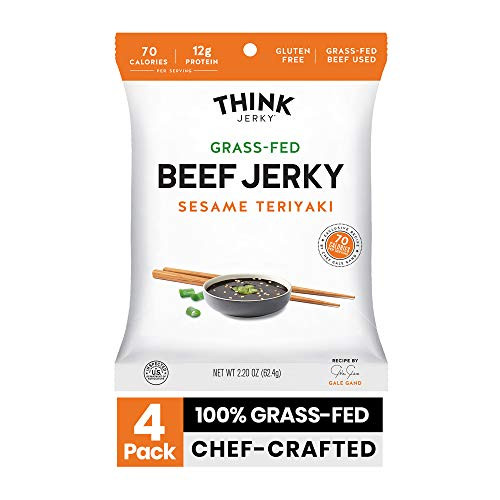 Sesame Teriyaki Beef Jerky by Think Jerky  Delicious Chef Crafted Jerky  Grass Fed Beef Free of Gluten  Antibiotics and Nitrates  Healthy Protein Snack Low in Calories and Fat  2 2 Ounce  4 Pack