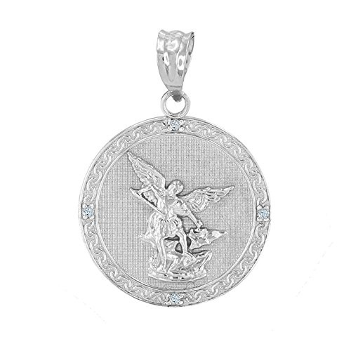 925 Sterling Silver Saint Michael The Archangel CZ Round Medal Pendant  1 14