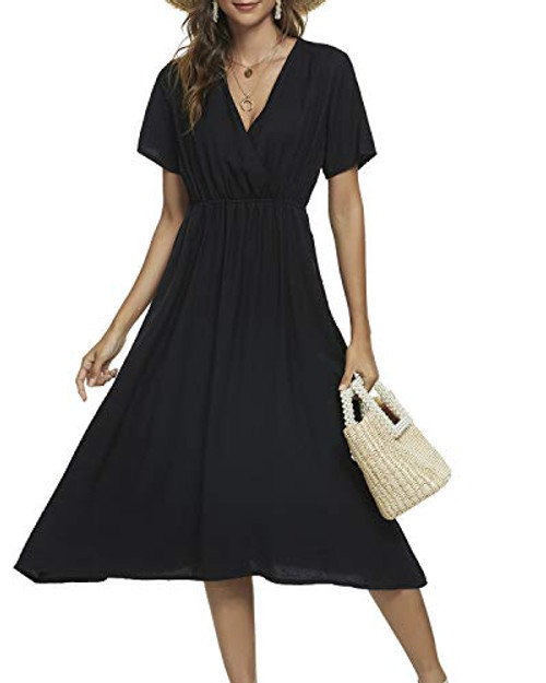 LittleMax Sundress with Pockets for Women Juniors Wrap V Neck Empire Waist Loose Swing Casual Midi Spring Dress with Sleeve Black L LittleMax Sundress with Pockets for Women Juniors Wrap V Neck Empire Waist Loose Swing Casual Midi Spring Dress with Sleeve Black L