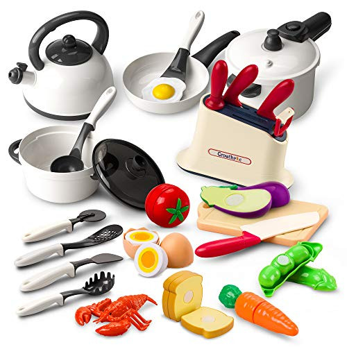 GrowthPic Kids Play Kitchen Accessories  Toy Cookware Set Pots and Pans Cooking Utensils Playset  Cutting Play Food for Toddler Kids Boys Girls GrowthPic Kids Play Kitchen Accessories  Toy Cookware Set Pots and Pans Cooking Utensils Playset  Cutting Play Food for Toddler Kids Boys Girls