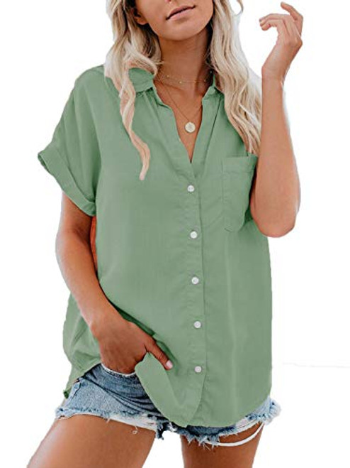 Paintcolors Women s Button Up Shirts Cotton Short Sleeve Blouses V Neck Casual Tunics Solid Color Tops with Pockets   Green L