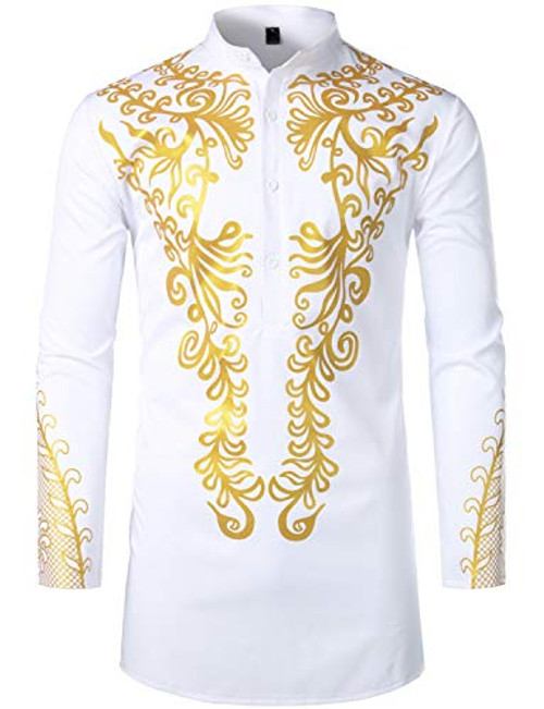 LucMatton Men s Luxury African Traditional Metallic Gold Printed Dashiki Shirt White XX Large LucMatton Men s Luxury African Traditional Metallic Gold Printed Dashiki Shirt White XX Large
