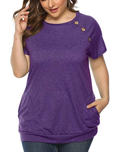 Gognia Women s Plus Size Short Sleeve Casual Tunic Tops T Shirt Button Blouse with Pockets Purple 14 Plus