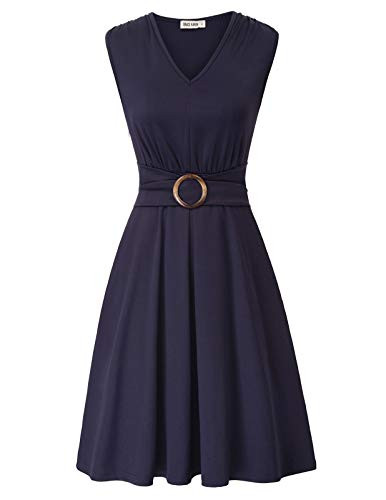 GRACE KARIN Women Casual Retro Swing Dress Knee Length Pleated Dresses with Belt Navy M