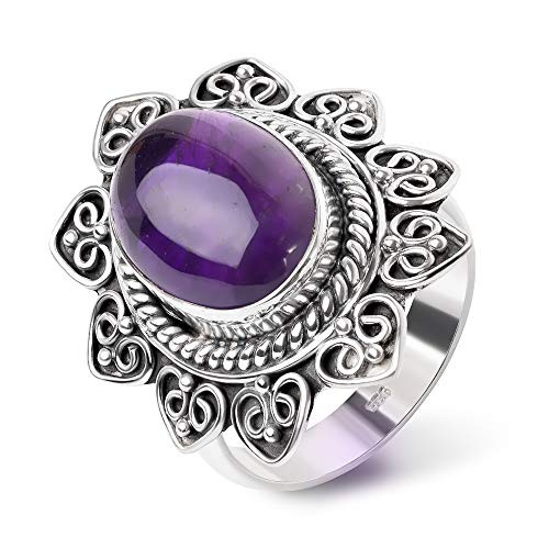 SUVANI Sterling Silver Purple Amethyst Gemstone Rope Edge Heart Sun Mandala Band Ring Size 7