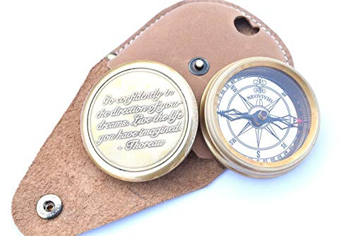 NEOVIVID Go Confidently Quote Engraved Twist Open Brass Pocket Compass with Leather Case  Directional Magnetic Navigational Compass  Nautical Compass