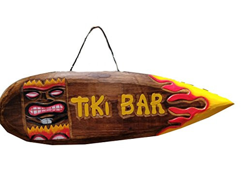 21.5" x 7" HANDCARVED & PAINTED WOOD "TIKI BAR" WITH FLAMES SURFBOARD WALL DECOR!