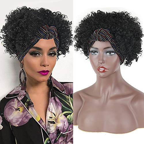 Aisaide Afro Curly Wigs for Black Women Black Headband Wig Short Kinky Curly Wigs with Head Wraps Afro Wrap Wigs 2 in 1 Jerry Curly Synthetic Curly Hair Wigs for Women Scarf Turban Wrap Wigs