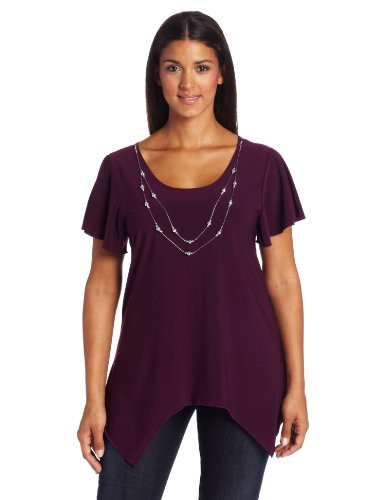 Star Vixen Women s Plus Size Sharkbite Top with Necklace  Purple Silver Necklace  2X