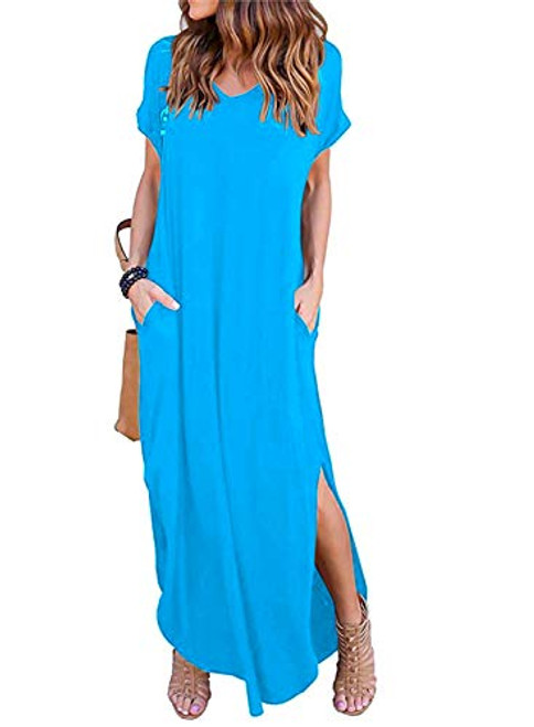 HUSKARY Women s Summer Maxi Dress Casual Loose Pockets Long Dress Short Sleeve Split Teal