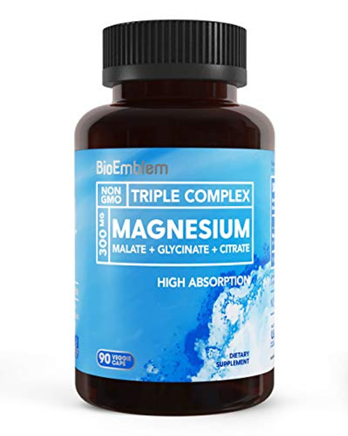 BioEmblem Triple Magnesium Complex   300mg of Magnesium Glycinate  Malate    Citrate for Muscle Relaxation  Sleep  Stress Relief    Energy   High Absorption   Vegan  Non GMO   90 Capsules