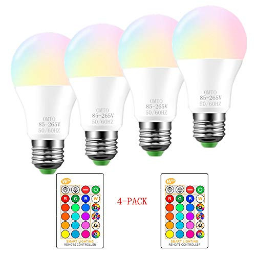 RGBW Color Changing LED Light Bulbs  A19 E26 Screw Base IR Remote Control Dimmable with Memory Function 60W Equivalent for Home Decoration Stage Bar Party  RGB Daily Lighting  4 Pack