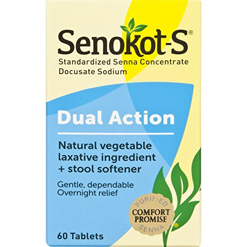 Senokot S Dual Action 60 Tablets  Natural Vegetable Laxative Ingredient Plus Stool Softener Tablets  Gentle Dependable Overnight Relief of Occasional constipation