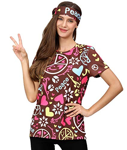 Funny World Women s 1970s Peace Love Costume T Shirts  X Large  Multi