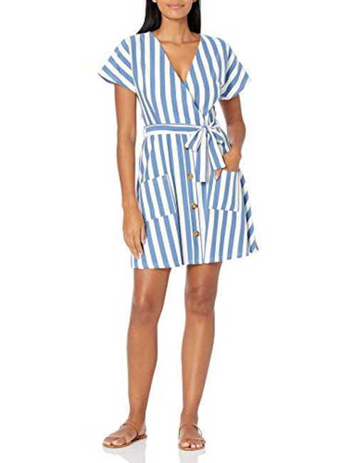 Ulrico1 Womens Stripe Short Sleeve Wrap V Neck Button Down Front Tie Dress Summer Casual Mini Shirt Dress with Pocket