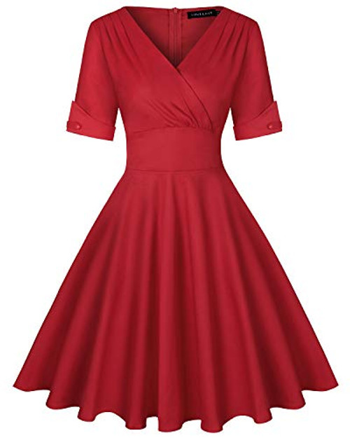 MINTLIMIT 1950 s Wrap V Neck Vintage Retro Solid Rockabilly Swing Dress Solid Red Size XL