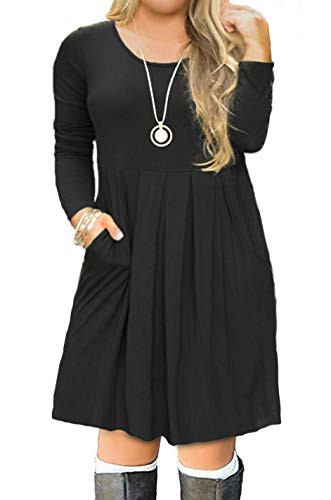 FOLUNSI Women s Plus Size Long Sleeve Pleated Loose Swing Casual Dress with Pockets Knee Length Black XL