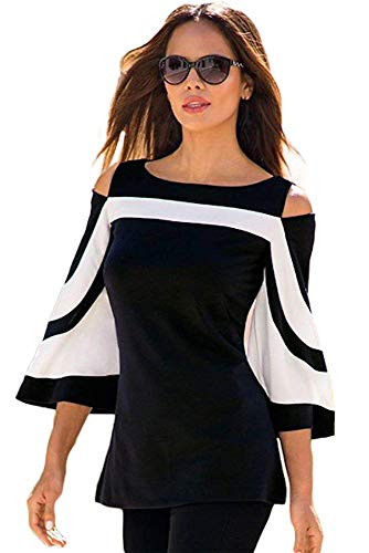 Women Blouses and Tops Black White Colorblock Bell Sleeve Cold Shoulder Top Shirt M