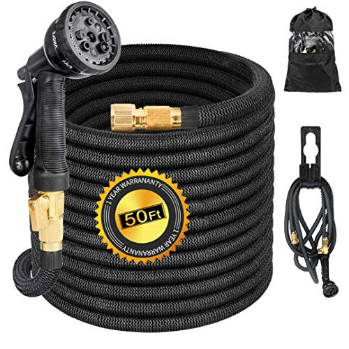 50ft Garden Hose  Flexible and Expandable Water Hose   Strongest Triple Latex Core with 3 4  Solid Brass Fittings Free 8 Function Spray Nozzle Easy Storage Kink Free Water Hose fit for Heavy Duty Task