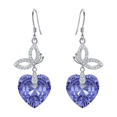 EleQueen 925 Sterling Silver CZ Love Heart Butterfly French Hook Dangle Earrings Lavender Purple Made with Crystals