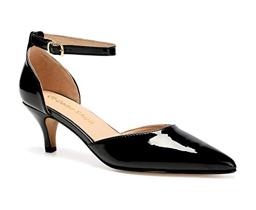 ComeShun Womens D Orsay Low Kitten Heels Pointed Toe Ankle Strap Stiletto Bridal Wedding Dress Pumps Shoes Black Synthetic Size 8