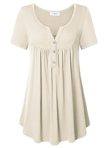 Tunic Tops For Women  Ca Kra Women s Vintage Notch V Neck Short Sleeve Button Up Pleated Tunic Shirt Blouse Beige XL