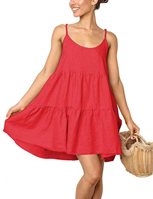 Casual Swing Dress Strap Mini Dress Babydoll Backless Dress Beach Cover Red XXL