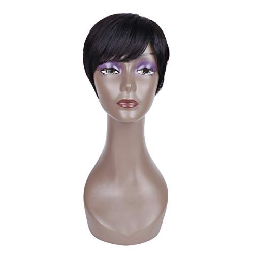 Creamily Human Hair Short Wigs Pixie Cut Brazilian Layered Black Hair 1B Natural None Lace Replacement Wigs with bangs