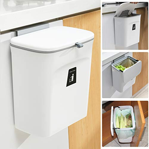 Tiyafuro 2 4 Gallon Kitchen Compost Bin for Counter Top or Under Sink  Hanging Small Trash Can with Lid for Cupboard Bathroom Bedroom Office Camping  Mountable Indoor Compost Bucket  White