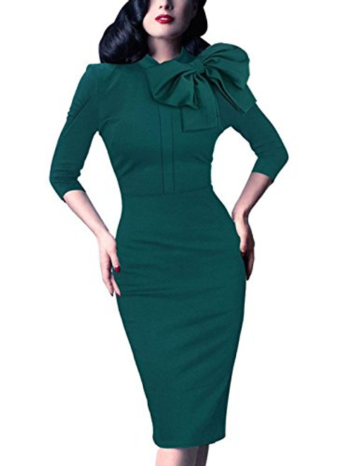 Women s 1950s Retro 3 4 Sleeve Bow Cocktail Party Evening Dress Work Pencil Dress Green Medium Women s 1950s Retro 3 4 Sleeve Bow Cocktail Party Evening Dress Work Pencil Dress Green Medium