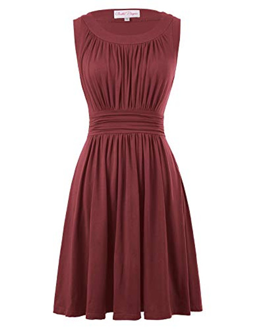 Belle Poque Cotton Pleated A Line Swing Dress Wear to Work Size L Wine Red BP289 7