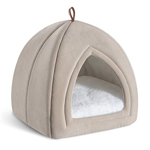Bedsure Kitten Bed Cave Bed for Cats   Dogs  15x15x15 inches 2 in 1 Kitty Bed Cat Hut Covered Cat Bed Caves with Removable Washable Cushioned Pillow  Indoor Pet Cat Dog Beds  Beige