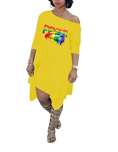Womens Long Sleeve T Shirt Dress One Off Shoulder Lip Printed Loose Fit Asymmetrical Midi Dresses