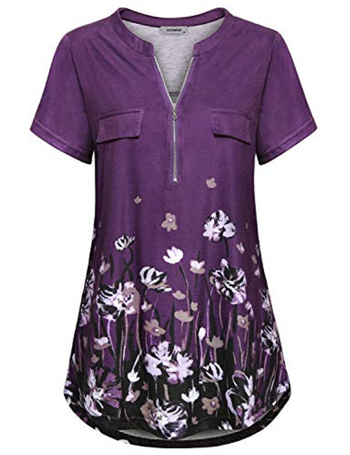 Women s Dressy V Neck Short Sleeve Work Casual Summer Tunic Tops and Blouses Shirt Purple L