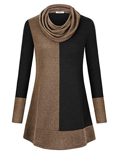 Youtalia Women s Hoodie Sweatshirt Long Sleeve Cowl Neck Pullover Color Block Thin Tunic Top Coffee X Large