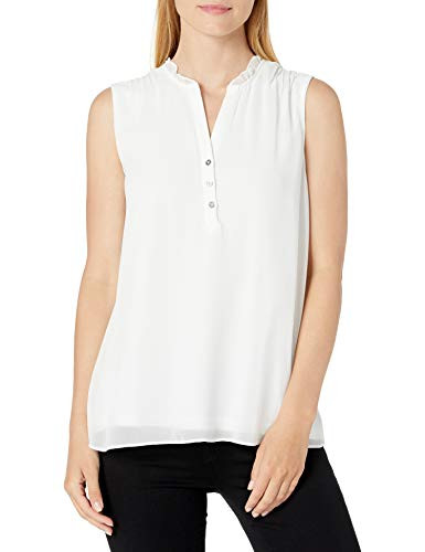 Calvin Klein Women s Sleeveless Ruffle Neck Top with Buttons  Soft White  Medium