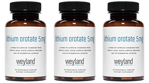 Weyland Brain Nutrition  Lithium Orotate 5mg  3 Bottles   180 Vegetarian Capsules  Lithium Supplement Supports Healthy Mood  Behavior  Memory and Wellness