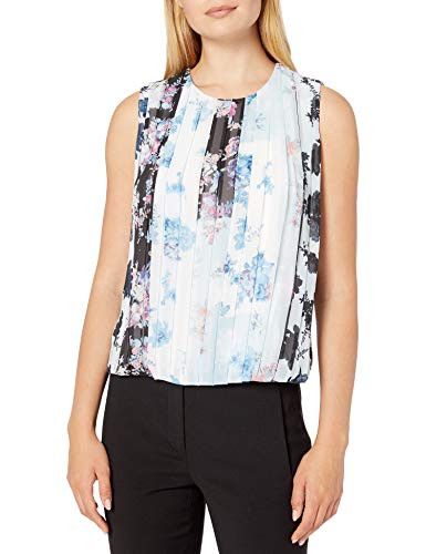 Calvin Klein Women s Sleeveless Pleated Bubble Top  Steel Blue Multi  X Large