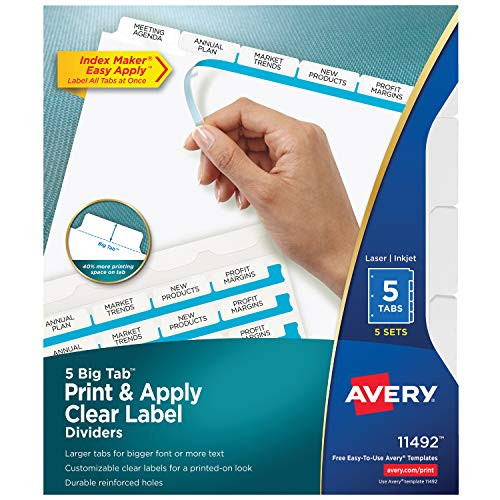 Avery Big Tab Dividers, Print & Apply Clear Label, Index Maker Easy Apply Strip, 5 Tab Dividers, 5 Sets (11492)