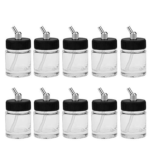 LinaLife 10 pack Airbrush Glass Bottle Standard Suction Lid Air Brush Jar Bottom Feed 22cc Empty 3 4 Ounce Glass Jar Bottles 30° Down Angle Adaptor Lid Assembly Fits Dual Action Siphon Feed Airbrushes